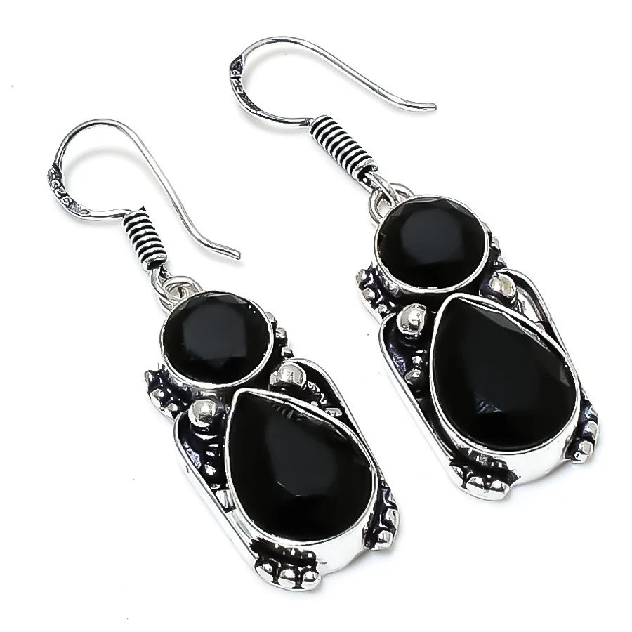 Black Spinel Gemstone Handmade 925 Sterling Silver Jewelry Earring Size 1.75'' - Image 1 of 1