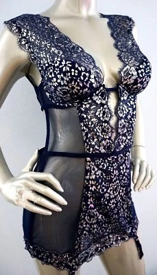 Victoria's Secret Dream Angels Metallic Blue Wicked Lace Mesh Garter Slip 34B - Image 1 of 4