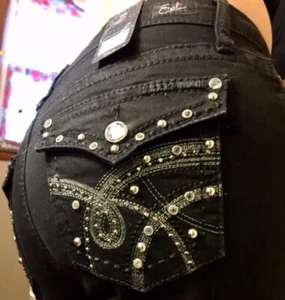 Pantalones de mezclilla para mujer Earl tiro medio negros lavados estrás corte bootcut 10p 12P 14P NUEVO - Imagen 1 de 8