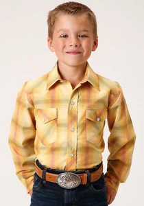Roper Kids Boys 1511 Plaid Yellow/Tangerine Cotton Blend L/S Shirt XL - Picture 1 of 4