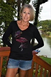 Mardis Gras rhinestone bling shirt XS S M L XLXXL 1X 2X 3X 4X 5X Pink Flamingo - Picture 1 of 12
