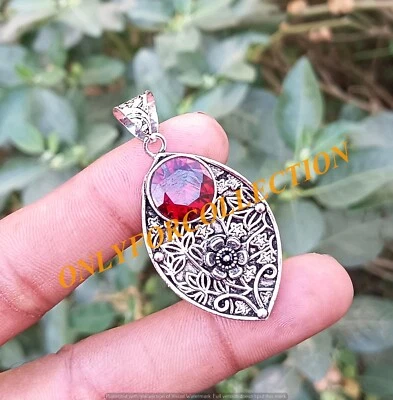 Colgante unisex hoja hecha a mano enchapado en plata de ley 925 vidrio topacio facetado rojo Foto 1 de 4