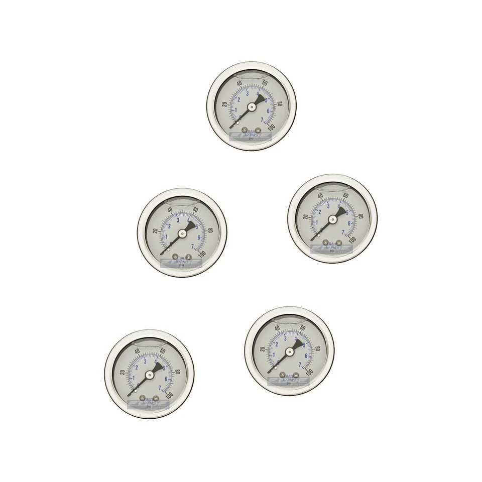 5 PACK LIQUID FILLED PRESSURE GAUGE 0-100 PSI, 1.5" FACE, 1/8" NPT BACK MOUNT - Image 1 of 3