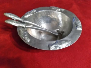 VINTAGE Cast ALUMINUM Figural Metal FISH FORK & SPOON SALAD BOWL SERVING SET - Picture 1 of 6