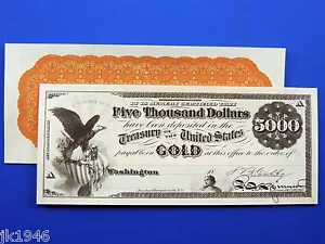 Reproduction $5,000 1863 Gold Certificate Note US Paper Money Currency Copy - Picture 1 of 5
