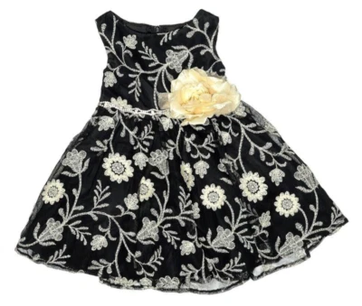 Novo Vestido Bordado Floral Edições Raras Meninas 2T Preto Joia Cintura - Imagem 1 de 4