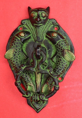 Bat with Fish Carved Antique Vintage Finish Handcrafted Brass Door Knocker Bell Cover