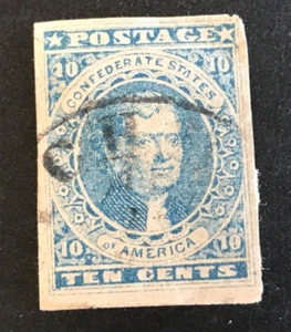 1861-62 US Confederate States Thomas Jefferson A-2 Canceled Stamp 10 Cent Blue - Bild 1 von 4