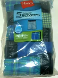 New Boys size Small 6/8 Hanes Blue Plaid Boxers 5 Pack Woven Underwear - Picture 1 of 2