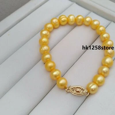 7.5-8" Excellent 8-9mm Baroque South Sea Golden Pearl Bracelet 14k Gold P - Imagem 1 de 4
