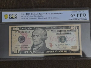 2009 $10 fancy serial number low serial number JC00000866A graded 67PPQ certifie - Picture 1 of 3