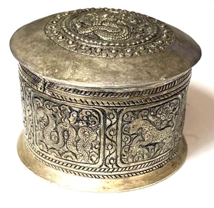 Solid Silver Indian Snake Elephant Round Silver Box 55mm x 41mm - Picture 1 of 8