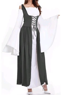 Medieval Renaissance Dress Square Bell Sleeve Gothic Costume Elf Ear Black Sz L - Image 1 of 4