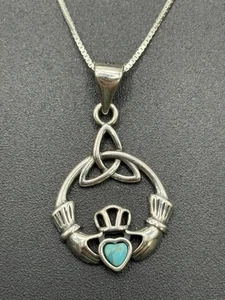 18" New Condition Sterling Silver Turquoise Claddaugh Triquetra Pendant Necklace - Picture 1 of 11