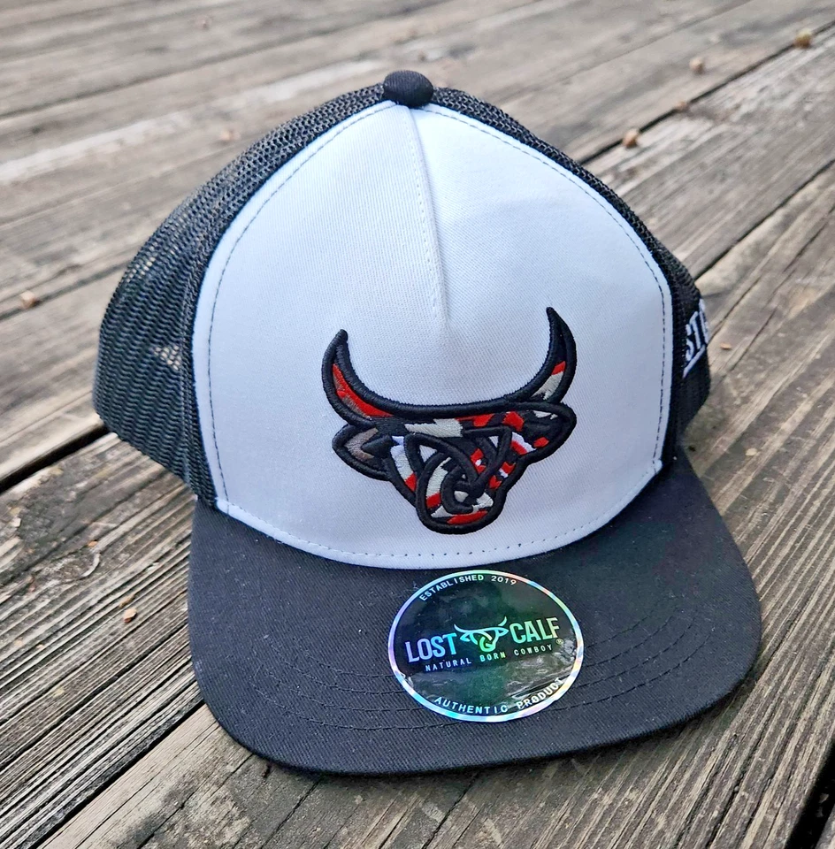 Lost Calf Youth 3D Logo Aztec Trucker Hat: Black, Red, White, Gray, Sticker - Image 1 of 4