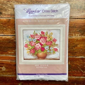 Maydear Kreuzstich vorgedruckt gestempelt Kit H005 rosa Rose Blumenstrauß NEU - Bild 1 von 3