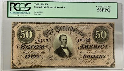 1864 T-66 - 50 Dollars - Confederate States - PCGS 58 PPQ - Image 1 of 2