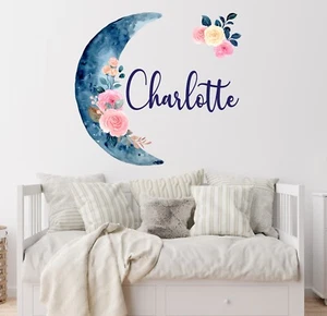 Custom Name Wall Decal with Moon and Flowers - Flower Mural Sticker for Girls - Picture 1 of 7