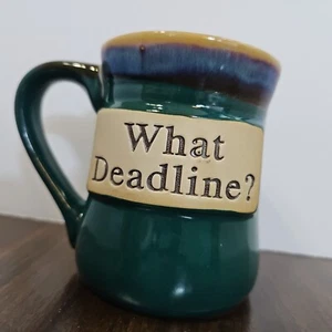 LTD Commodities Turquoise/Beige Stoneware Drip Glaze Cup/Mug "What Deadline? - Picture 1 of 6