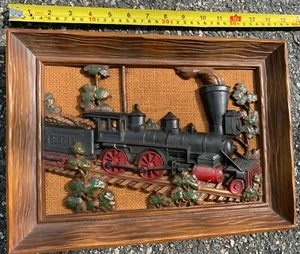 Vintage Lokomotive Syroco Zug gerahmtes 3D Bild auf Sackleinen 14”x10” ERIE - Bild 1 von 6