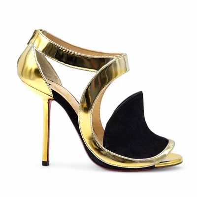 Christian Louboutin Rotonda Sandalia de Cuero Zapatillas 100 Oro Eu 36 5.5 - New - Imagen 1 de 4