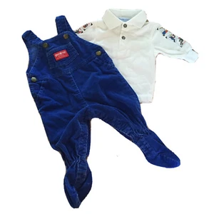 GENUINE OSHKOSH OVERALLS Infant’s Blue Corduroy Footed & White Shirt 0/6m - Picture 1 of 6
