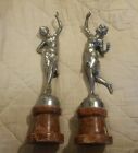 Art Deco Silvered Chromed Bronze Or Petwer Lady Statues Figures On Marble Bases.
