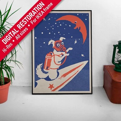 Laika, first space dog, USSR, 1950s — Soviet vintage space poster, propaganda - Image 1 of 4