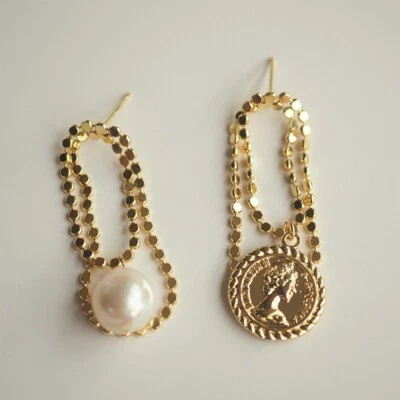 Diseño Único Geometría Perla Asimétrico Oro Tachuela Pendiente/Pendiente Moda Foto 1 de 4