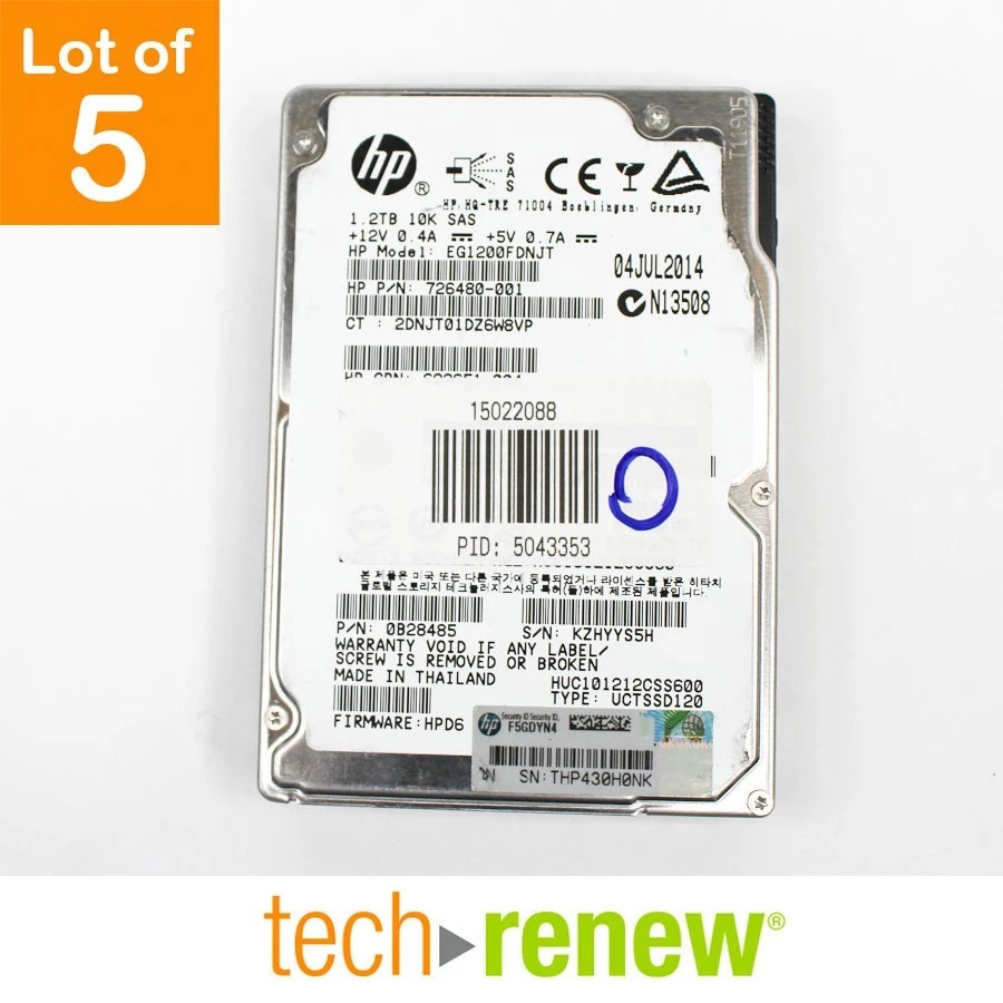 Lot of 5 HPE EG1200FDNJT | 1.2TB 10K 12Gb/ | 2.5" SAS HDD | 726480-001 | Server - Image 1 of 1