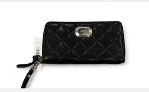 DKNY BEAUTIFUL BLACK LEATHER WALLET W WRISTLET STRAP ZIP AROUND (W DEFECTS) - Picture 1 of 9