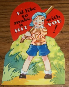 Vintage Valentine Card~Baseball Player Holding Bat~I'd Like to Make a Hit w/You - Picture 1 of 2