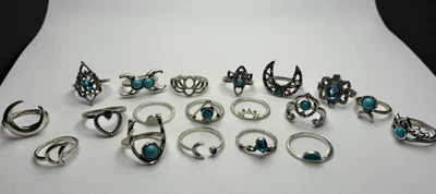 Lote de 19 anillos de moda tono azul y plata corazón loto celestial luna talla 5-8 Foto 1 de 4
