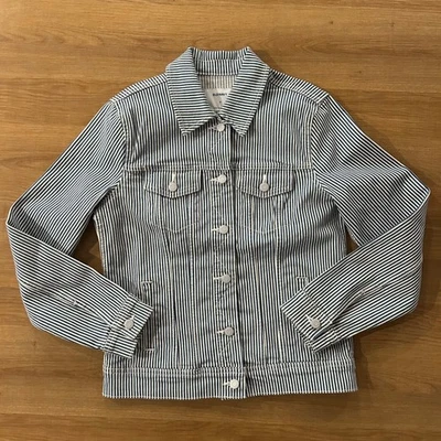 Old Navy Women's Striped Denim Jacket Blue White Size S Casual Trucker Style - Image 1 of 4