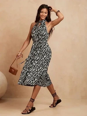 Banana Republic Twist Halter Sleevless Black/White/Grey Midi Dress NWOT - Image 1 of 4