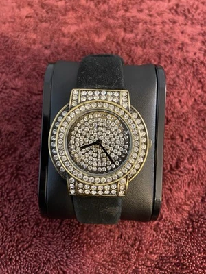Reloj fijo Heidi Daus para hombre o mujer con correa de cuero negro y cara de diamante Foto 1 de 4