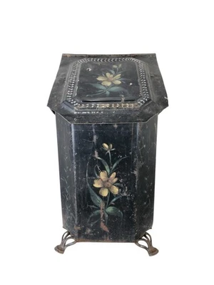 Antique Victorian Toleware Hand Painted Ornate Coal Scuttle Fireplace Ash Bin - Image 1 of 4