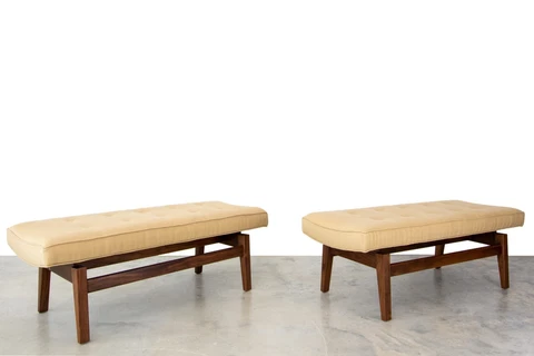 Pair of mid century modern Jens Risom floating benches in walnut and linen Cover