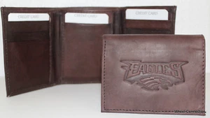 Portafoglio Philadelphia Eagles marrone trifold vera pelle baseball NFL ottimo regalo - Foto 1 di 8