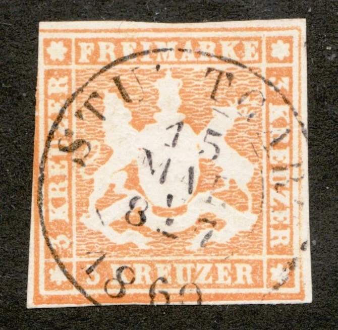 1857 Wurttembourg - Sc #9 - 3 Kreuzer - Coat of Arms, Lovely cancel Cv$14 - Image 1 of 1