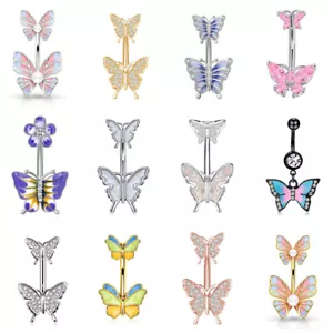 Stainless Steel Rhinestone Butterfly Belly Button Rings Piercing Bar Navel Body - Picture 1 of 29