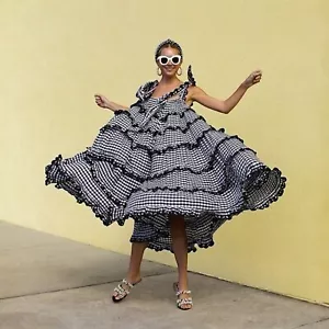 Innika Choo Scallop Frill Iva Biigdres Black White Gingham Maxi Dress Sz 1 AU 10 - Picture 1 of 12