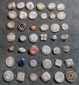 42 Vintage Glass Moon Glow Buttons White w/ Various Trims Patterns Designs - Picture 1 of 9
