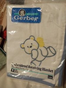Vintage Embroidered Receiving Blanket 30 " x 40 " Gerber Rare Blue Bear - Picture 1 of 6