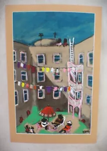 Vintage Bob Khol Gemälde -- Wohnung Innenhof mit Personen zum Faulenzen - Bild 1 von 8