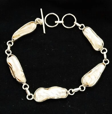 Pulsera Tribal Ajustable Keshi Perla Blanca Chapada en Plata Cadena Foto 1 de 4