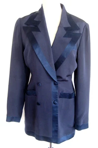 Vintage Richard Tyler dunkelblau gekerbter Kragen zweireihiger Seidenblazer Gr. 8 USA - Bild 1 von 10