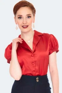 Red Vintage Style Satin Short Sleeve Retro Blouse - Picture 1 of 5