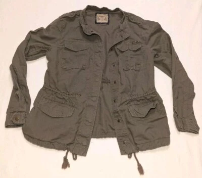 Abrigo chaqueta con capucha de mezcla de lino utilitario cremallera completa verde oliva tallado con volantes para mujer  Foto 1 de 4