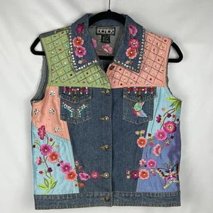Berek Denim Silk Patchwork Vest PS Embroidered Sequin Beaded Artsy Butterfly Vtg - Picture 1 of 11